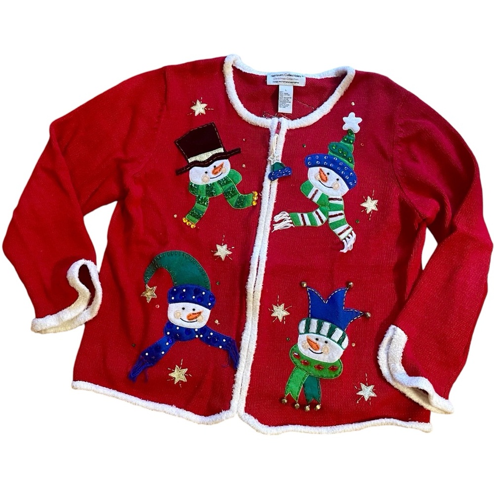 Vtg. CHRISTMAS Sweater/Heirloom Collectables/L/snowmen & scarves/red,blue,green